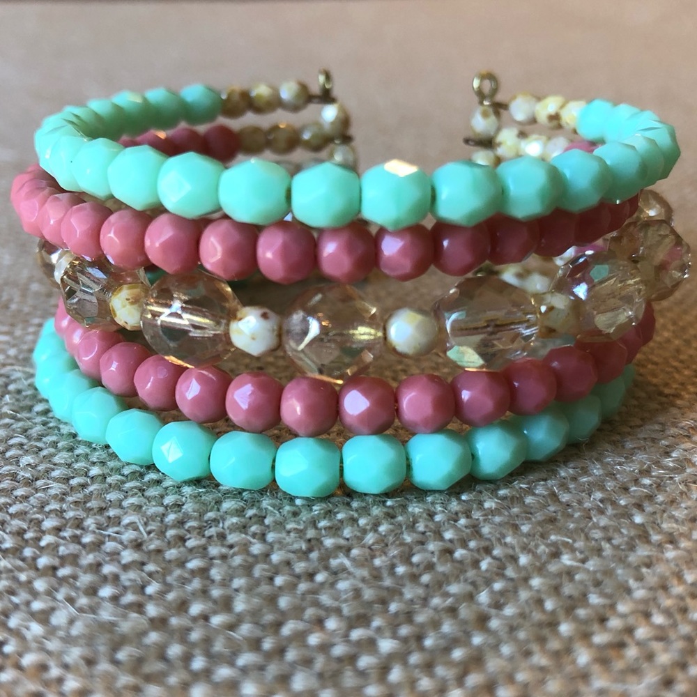 Green, Pink, Gold Brown Memory Wire Cuff Bracelet